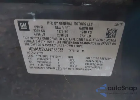 2015 Chevrolet Equinox Lt z USA, uszkodzony, nr VIN 1GNALBEK4FZ136032